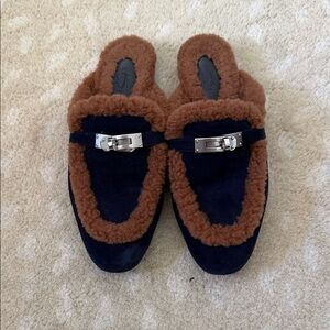 Hermes Brown and Blue Shearling Mules